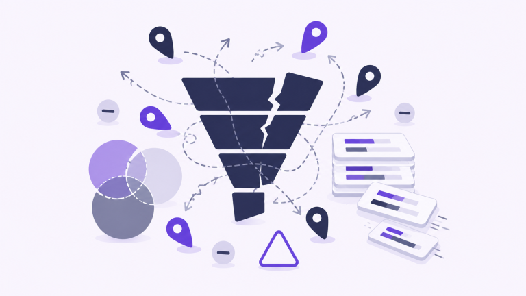 Abstract illustration of chaotic paid media targeting: a cracked funnel, misaligned map pins, conflicting arrows, and unstable spreadsheet tiles on a pale lavender background.