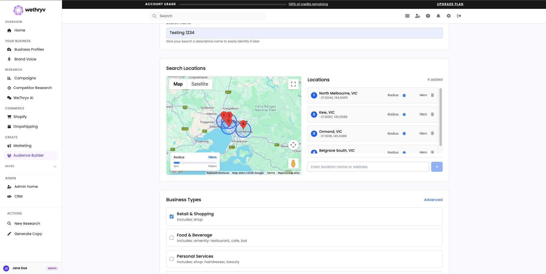 A dashboard screen shows a map with blue and red markers for search locations on the left, a list of matching locations on the right, and business types like Retail & Shopping and Food & Beverage below—ideal for a custom audience builder for Meta and Google Ads.