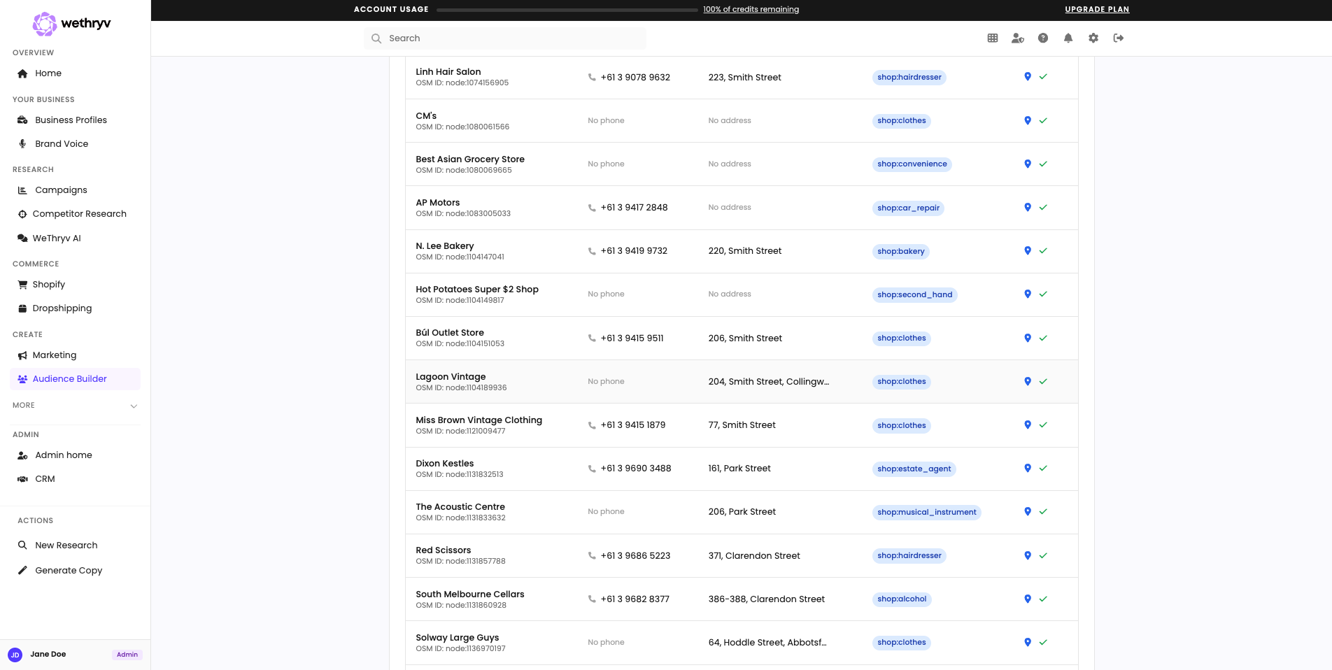 A dashboard interface lists multiple businesses with details like business name, contact number, address, and tags. The sidebar offers navigation options including Overview, Projects, Competitor Research, and a custom audience builder for Meta and Google Ads.