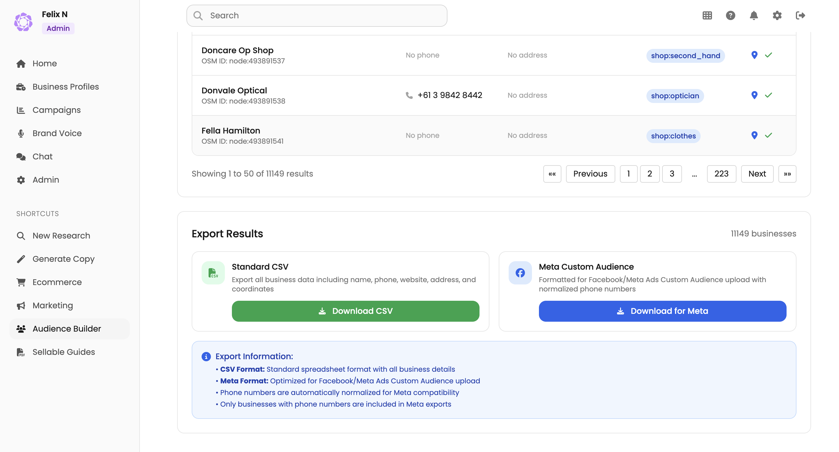 A dashboard interface displays a business list with names, contact details, and category tags. Below, two export options appear: Standard CSV and custom audience builder for Meta and Google Ads. Sidebar navigation is on the left.
