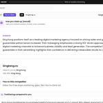 A website comparison dashboard shows an analysis of King Kong, a digital marketing agency. The summary highlights their focus on growth and performance. The interface features navigation options and competitive insights in a clean layout.