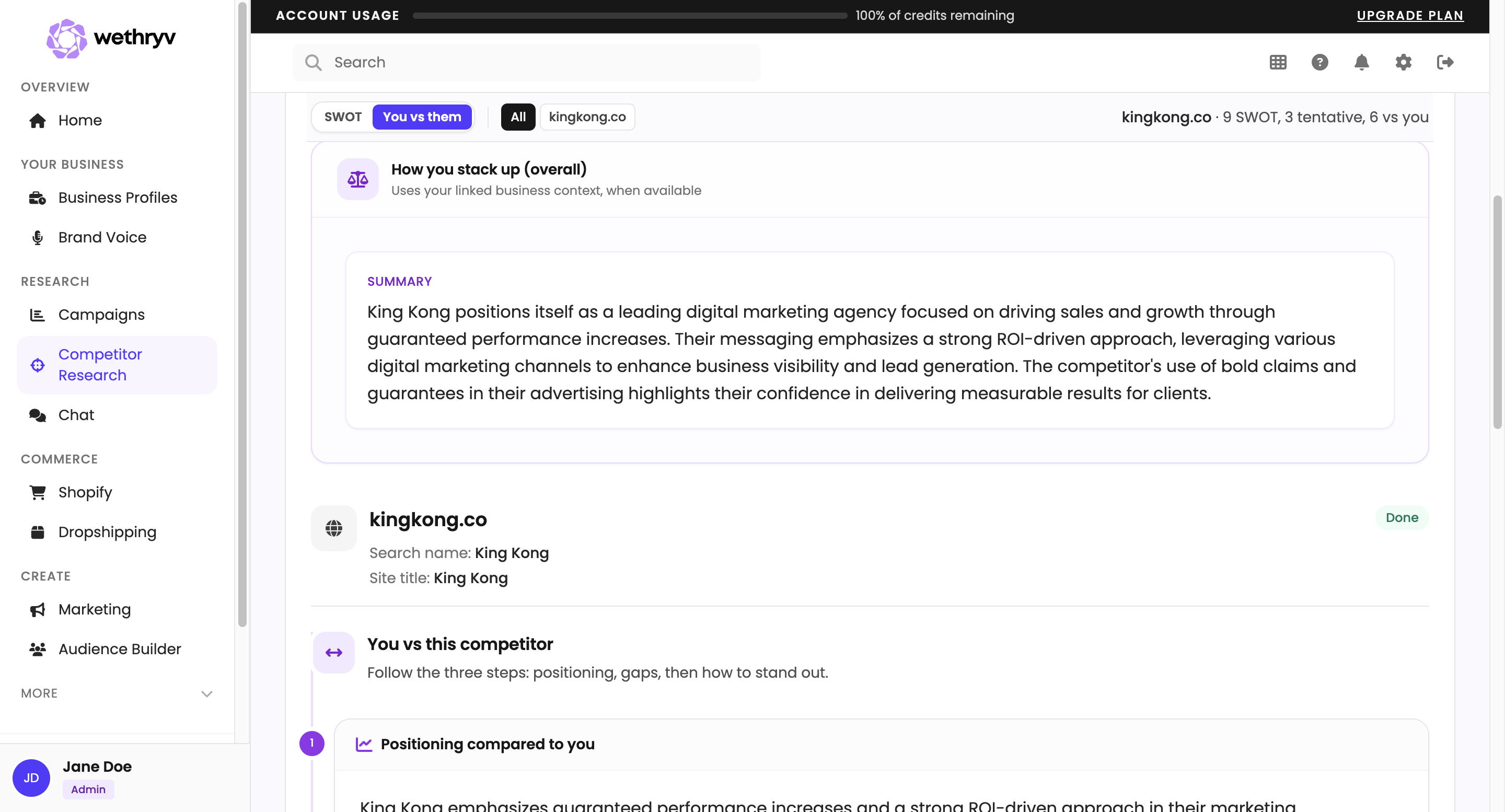 A website comparison dashboard shows an analysis of King Kong, a digital marketing agency. The summary highlights their focus on growth and performance. The interface features navigation options and competitive insights in a clean layout.